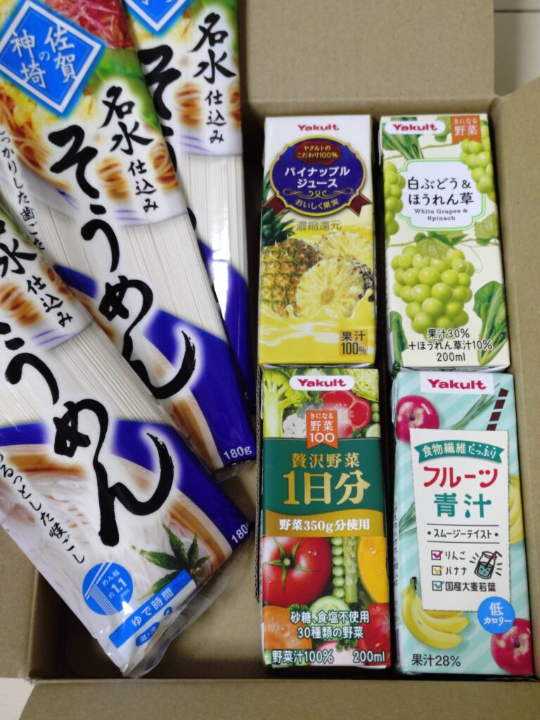 3月権利分で届いた清涼飲料・乾めん等の詰め合わせ